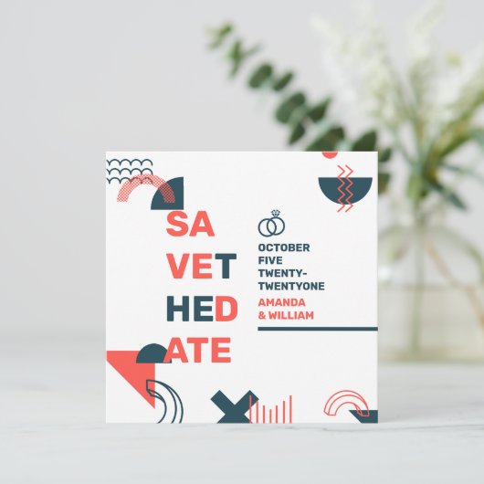 Memphis Style Abstract Rood- en blauw huwelijk Save The Date (Staand voorkant)