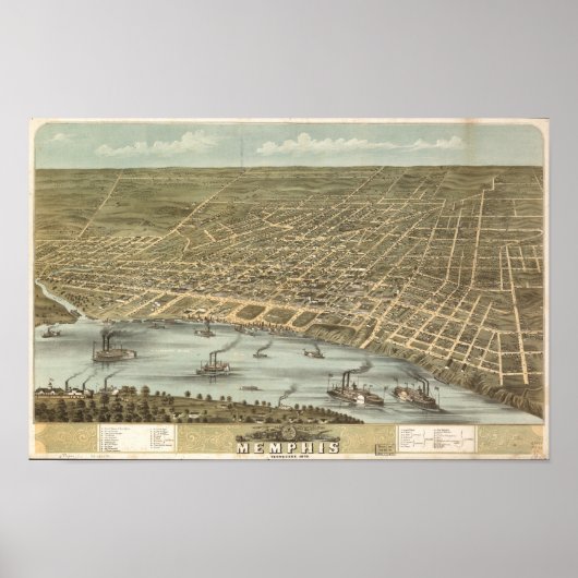 Memphis Tennessee 1870 Antiek Panoramische Kaart Poster (Voorkant)