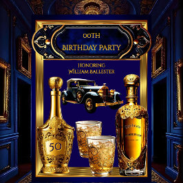 Men’s Birthday Party Gold Blue Vintage Car Drinks Kaart