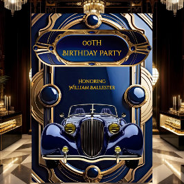 Men’s Birthday Party Royal Blue Gold Vintage Car Kaart