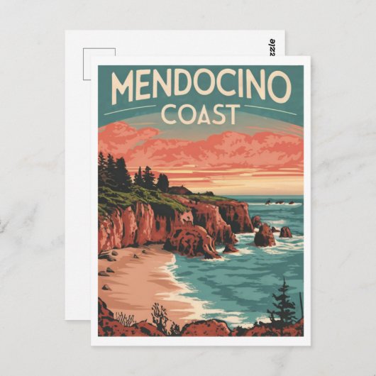 Mendocino Coast, Californië Retro Waterverf Briefkaart (Voorkant / Achterkant)