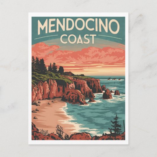 Mendocino Coast, Californië Retro Waterverf Briefkaart (Voorkant)
