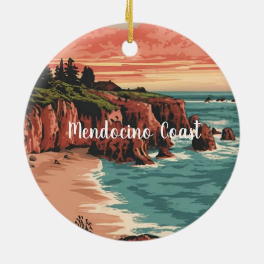 Mendocino Coast, Californië Retro Waterverf Keramisch Ornament (Achterkant)