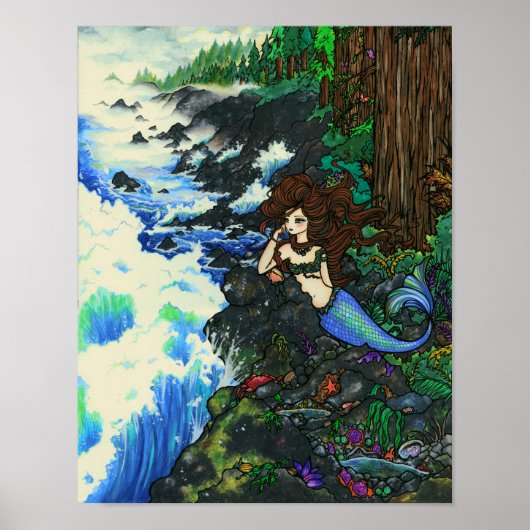 "Mendocino Mermaid" Fairy Fantasy Coast Ocean Art Poster (Voorkant)
