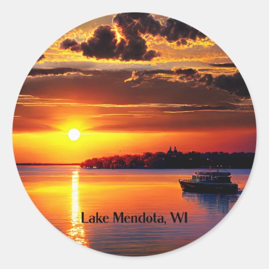 Mendota Lake, Wisconsin zonsondergang Ronde Sticker (Voorkant)