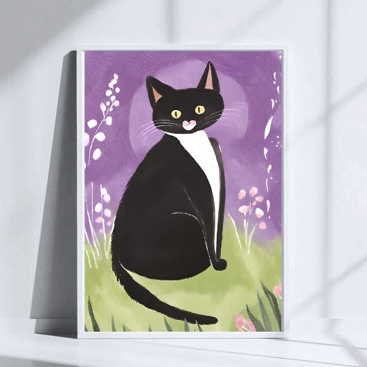 Meneer Chonk | Tuxedo Kat Paarse Waterverf Poster