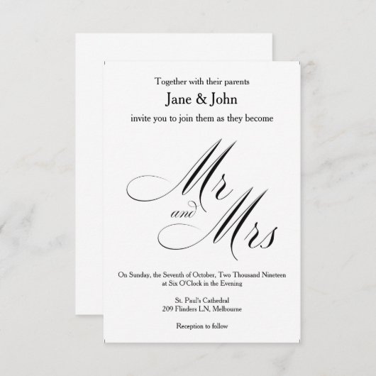 Meneer en mevrouw Basic Huwelijksuitnodiging Kaart (Voorkant / Achterkant)