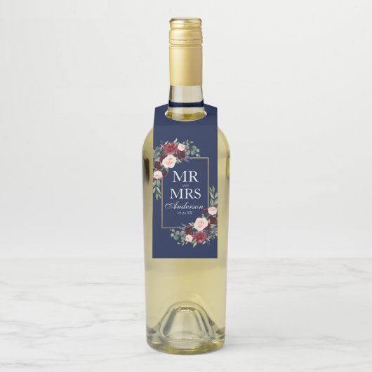 Meneer en mevrouw Blue Bourgondië Floral Wedding Flessenhanger (Op fles)