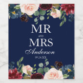 Meneer en mevrouw Blue Bourgondië Floral Wedding Wijn Etiket (Enkel label)