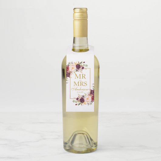 Meneer en mevrouw Bourgondië Floral Gold Wedding Flessenhanger (Op fles)