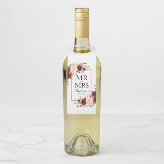 Meneer en mevrouw Bourgondië Floral Wedding Flessenhanger (Op fles)