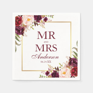 Meneer en mevrouw Bourgondië Floral Wedding Servet