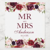 Meneer en mevrouw Bourgondië Floral Wedding Wijn Etiket (Enkel label)