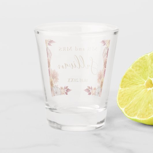 Meneer en mevrouw bruiloft herfst bloemen pompoene shot glas (Achterkant)