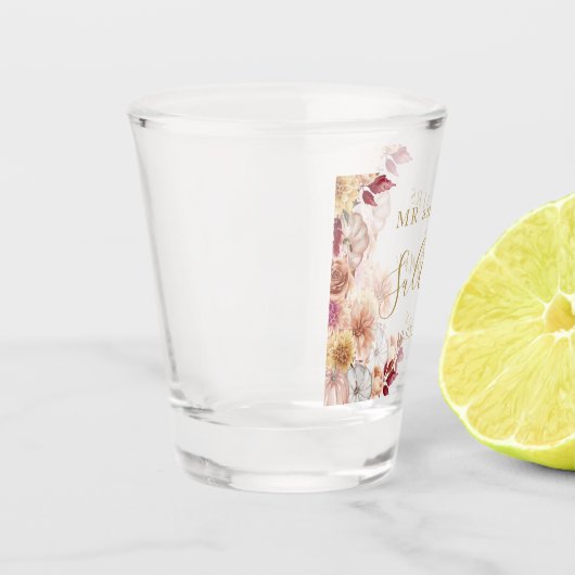 Meneer en mevrouw bruiloft herfst bloemen pompoene shot glas (Links)