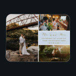 Meneer en mevrouw Dank u Fotocollage Blauw en Goud Magneet<br><div class="desc">Blauw en goud script "Mr en Mrs" ontwerp bruiloft dank u magneten met drie van uw favoriete bruiloft foto's. Show uw familie en vrienden uw waardering voor het feit dat u deel uitmaakt van uw bruiloft met een van deze prachtige koekjes. Pas aan met uw korte bericht en namen. Neem...</div>