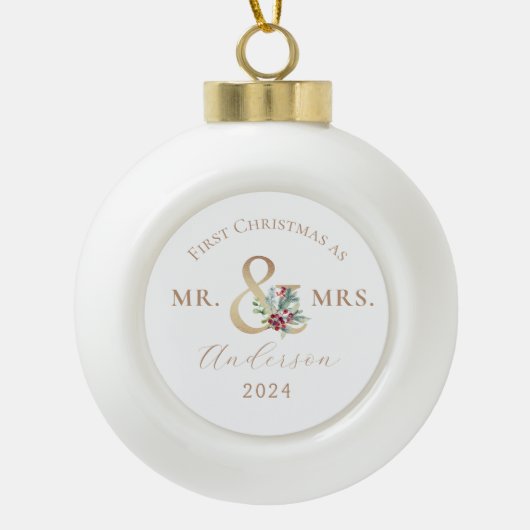 Meneer en mevrouw Eerste Kerstmis Getrouwd Keramische Bal Ornament (Voorkant)