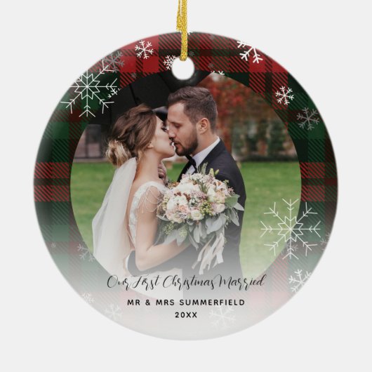 Meneer en mevrouw Eerste Kerstmis Plaid Rustieke V Keramisch Ornament (Achterkant)