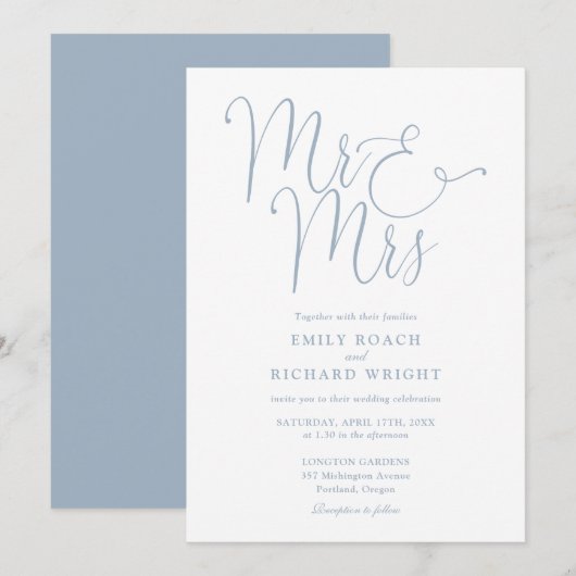 Meneer en mevrouw Elegant Script Dusty Blue Weddin Kaart (Voorkant / Achterkant)