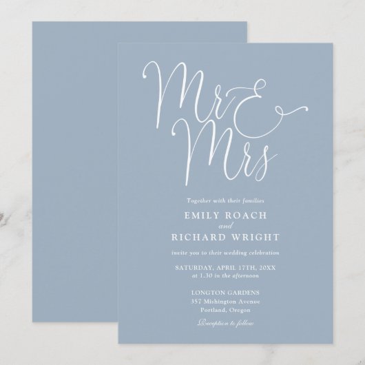 Meneer en mevrouw Elegant Script Dusty Blue Weddin Kaart (Voorkant / Achterkant)