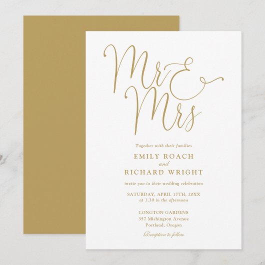Meneer en mevrouw Elegant Script Gold Wedding Kaart (Voorkant / Achterkant)