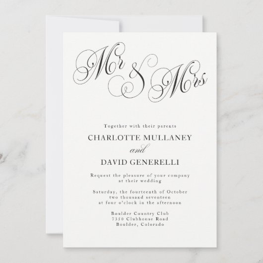 Meneer en mevrouw Elegant Script Huwelijksuitnodig Kaart (Voorkant)