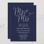 Meneer en mevrouw Elegant Script Navy Blue Wedding Kaart (Voorkant / Achterkant)