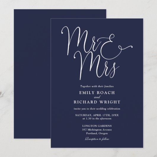 Meneer en mevrouw Elegant Script Navy Blue Wedding Kaart (Voorkant / Achterkant)