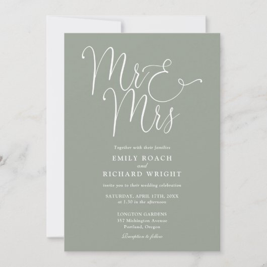 Meneer en mevrouw Elegant Script Sage Green Weddin Kaart (Voorkant)