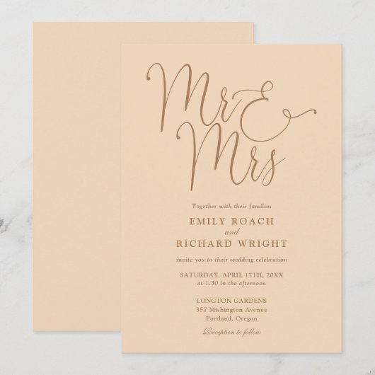 Meneer en mevrouw Elegant Script Soft Peach Weddin Kaart (Voorkant / Achterkant)