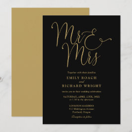 Meneer en mevrouw Elegant Script Zwart en goud bru Kaart