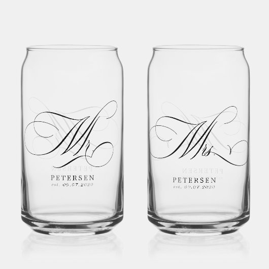 Meneer en mevrouw elegante script bruiloft aangepa blikvorm glas (Voorkant)