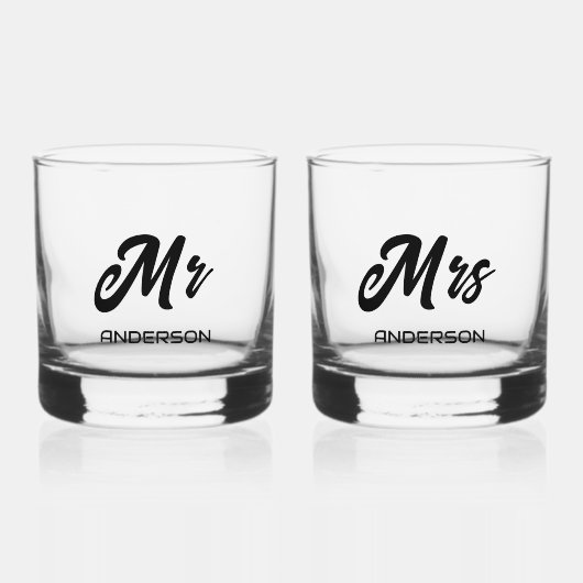 Meneer en mevrouw gestileerde naam bruid en bruide whisky glas (Voorkant)