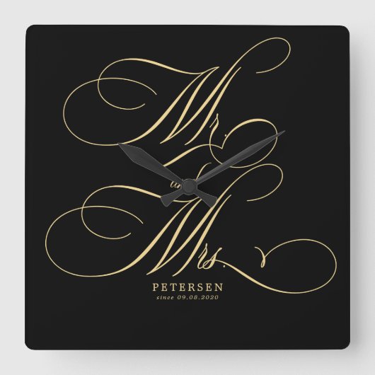 Meneer en mevrouw gouden scriptnaam gepersonalisee vierkante klok (Voorkant)