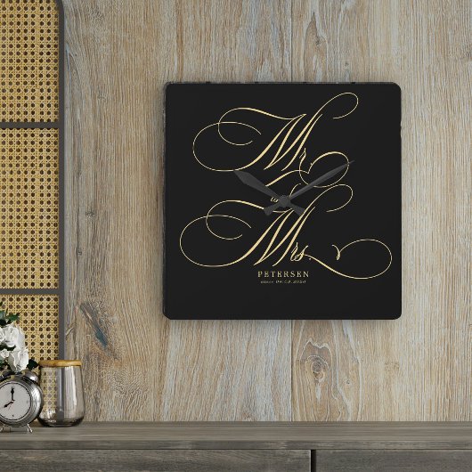 Meneer en mevrouw gouden scriptnaam gepersonalisee vierkante klok