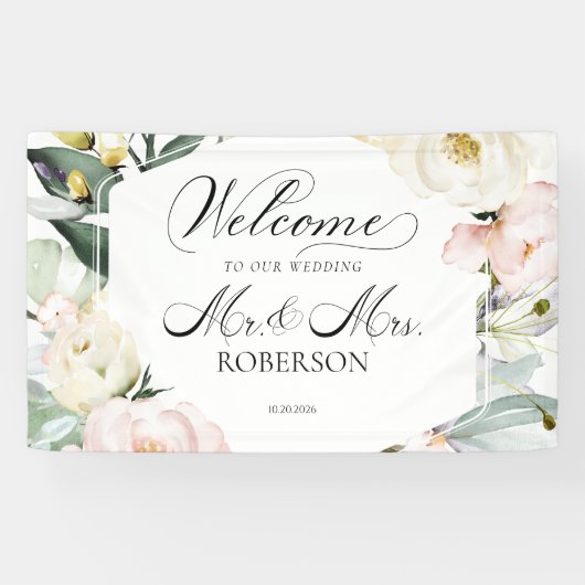 Meneer en mevrouw | Greenery Floral Lijst bruiloft Spandoek (Horizontaal)