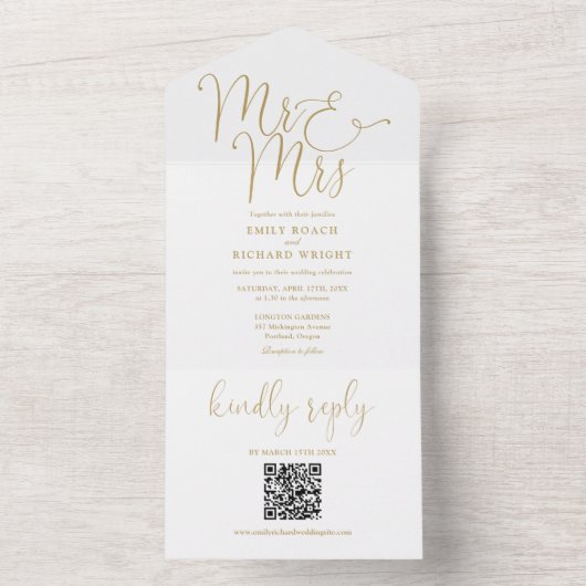 Meneer en mevrouw Modern QR Code Gold Wedding All In One Uitnodiging (Binnen)