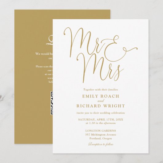 Meneer en mevrouw Modern QR Code Gold Wedding Kaart (Voorkant / Achterkant)