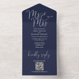 Meneer en mevrouw Modern QR Code Navy Blue Wedding All In One Uitnodiging