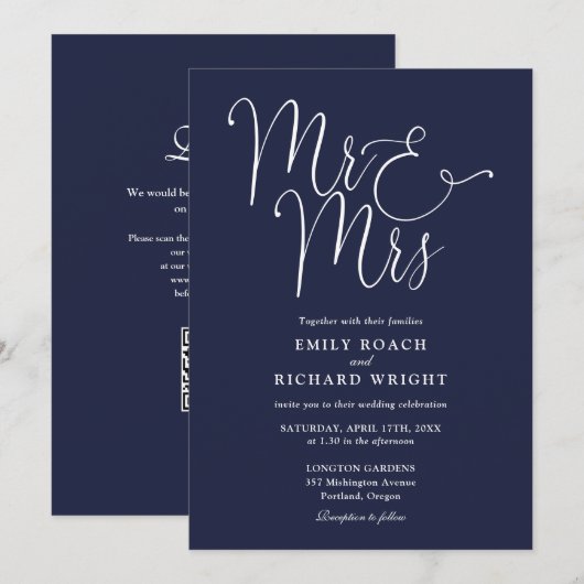 Meneer en mevrouw Modern QR Code Navy Blue Wedding Kaart (Voorkant / Achterkant)