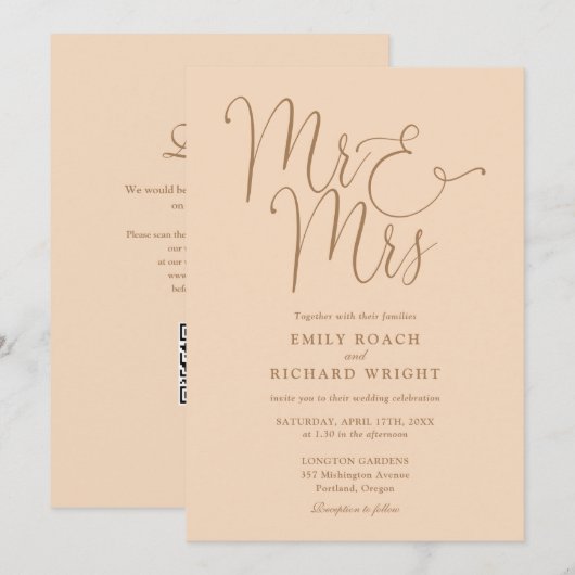 Meneer en mevrouw Modern QR Code Soft Peach Weddin Kaart (Voorkant / Achterkant)