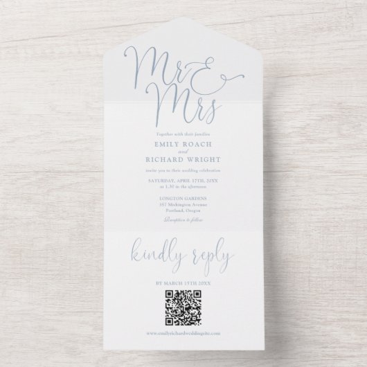 Meneer en mevrouw Modern QR-code stoffig blauwe tr All In One Uitnodiging (Binnen)