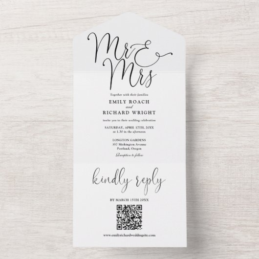 Meneer en mevrouw Modern QR Code Zwart-wit bruilof All In One Uitnodiging (Binnen)