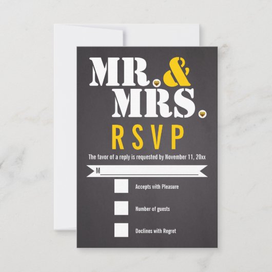 Meneer en mevrouw Moderne typografie zwart, geel R RSVP Kaartje (Voorkant)