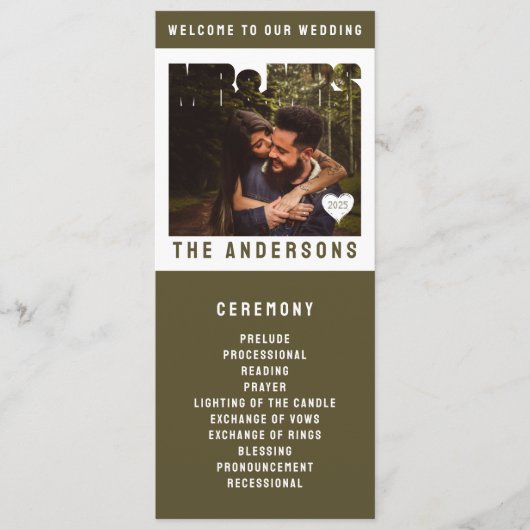 Meneer en mevrouw Photo Block Heart Wedding Programmakaart (Voorkant)