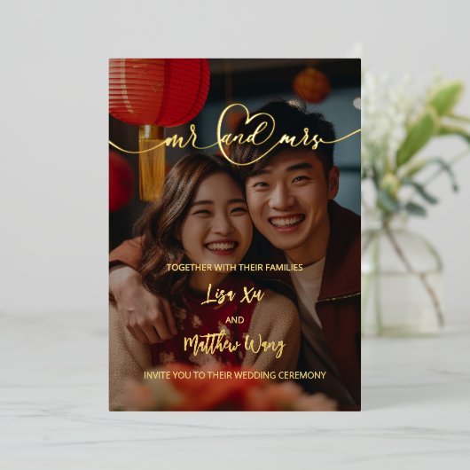 Meneer en mevrouw Photo Gold Foil Wedding Invitati Folie Uitnodiging (Staand Voorkant)
