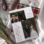 Meneer en mevrouw Red Green Tartan Getrouwd & Vrol Feestdagenkaart<br><div class="desc">Introductie van onze verbluffende nieuwe Minimalist Mr. and Mrs. Red en Green Tartan Married & Merry Photo Holiday Kaart: een modern design met elegante typografie en een gekoesterde trouwfoto, in feestelijk rood en wit. De minimalistische voorkant wordt aangevuld met een warme, feestelijke, met een rode en groene tartan op de...</div>