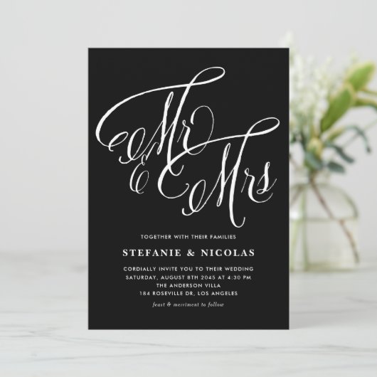 Meneer en mevrouw Rustic Calligraphy Black Wedding Kaart (Staand voorkant)
