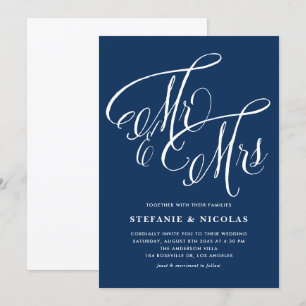 Meneer en mevrouw Rustic Calligraphy Navy Blue Wed Kaart
