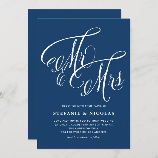 Meneer en mevrouw Rustic Calligraphy Navy Blue Wed Kaart (Voorkant / Achterkant)